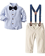 Baby Boys' Dress Clothes, Toddlers Tuxedo Outfit, Long Sleeves Vertical Stripe Button Down Shirt with Bow Tie + Suspender Pants Set Suit, W02 Blue Tag 110 = 2.5 - 3 Years