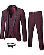 MY'S Mens 3-Piece Suit Shawl Lapel One Button Tuxedo Winter Fabric Slim Fit Premium Dinner Jacket Vest Pants & Tie Set Burgundy