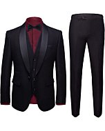 MYS Mens 3-Piece Suit Shawl Lapel One Button Tuxedo Slim Fit Premium Dinner Jacket Vest Pants & Tie Set Black