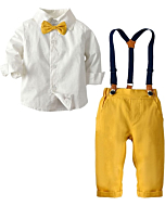 Baby Boys Dress Clothes, Toddlers Boys Long Sleeves Button Down Plaid Dress Shirt with Bowtie + Suspender Pants Set Gentlemen Outfit, Yellow, Tag 70 = 9-12 Months