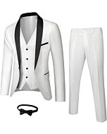 MY'S Mens 3-Piece Suit Shawl Lapel One Button Tuxedo Winter Fabric Slim Fit Premium Dinner Jacket Vest Pants & Tie Set White