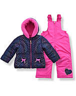 Arctic Quest Toddler Girls Metallic Rainbow Heart Print Snowsuit Fleece Lined Hooded Jacket and Bib Set, Navy Blue & Pink, 3T-