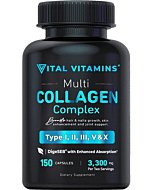 Vital Vitamins Multi Collagen Complex - Type I, II, III, V, X, Grass Fed, Non-GMO, 150 Capsules