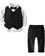 Baby Boy's Tuxedo Clothes, 3 Pieces Fall Winter Outfit, Long Sleeves Button Down Dress Shirt with Bow Tie + Vest + Pants Set Gentlemen Clothing, Black, Tag 60 = 3-9 Months