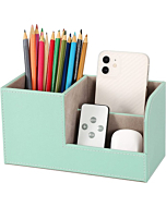 KINGFOM Desk Organizer Office Supplies Caddy Pu Leather Multi-function Storage Box Pen/Pencil,Cell phone, Business Name Cards Remote Control Holder Mint Green