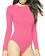 MANGDIUP Women's Round Collar Long Sleeve Elastic Bodysuit Jumpsuit (Neon Pink, XXL)