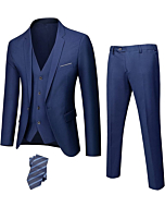 YND Men's Slim Fit 3 Piece Suit, One Button Jacket Vest Pants Set with Tie, Solid Party Wedding Dress Blazer, Tux Waistcoat and Trousers Deep Blue