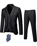 YND Men's Slim Fit 2 Button 3 Piece Suit Set, Blazer Jacket Vest Pants and Tie, Solid Wedding Dress Tux and Trousers Black