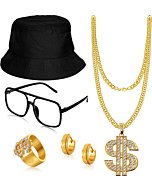 5 PCS Hip Hop Costume Kit Bucket Hat Sunglasses Dollar Sign Chain Ring Earring (Black)