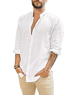 APRAW Mens Linen Button Down Shirts Long Sleeves Summer Beach Casual Regular Fit Shirt Tops White