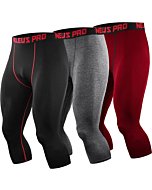 NELEUS Men's 3 Pack Running Capri Leggings Athletic Compression Short,6057,Black (red Stripe),Grey,red,XL