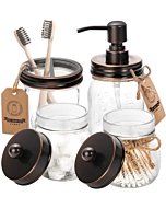 Mason Jar Bathroom Accessories Set 4 Pcs - Black - Mason Jar Soap Dispenser & 2 Apothecary Jars & Toothbrush Holder - Rustic Farmhouse Bathroom Home Decor Clearance, Countertop Organizer