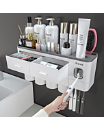 iHave Toothbrush Holders for Bathrooms, 4 Cups Toothbrush Holder Wall Mounted with Toothpaste Dispenser, Large Capacity Tray, 2 Cosmetic Drawer and 7 Brush Slots with Cover Tooth Brush Holder