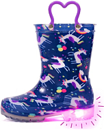 OUTEE Toddler Girls Rain Boots Little Kids Baby Light Up Printed Waterproof Mud Insulated Shoes Purple Unicorn Lightweight Rubber Adorable with Easy-On Handles Non Slip (Size 5,Purple)