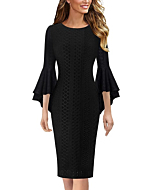 VFSHOW Womens Black Jacquard Geometric Bell Sleeves Cocktail Party Semi-Formal Casual Bodycon Pencil Sheath Dress 7900 BLK XS