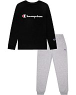 Champion Heritage Kids Boys Crew Neck Long Sleeve Tee Shirt and Fleece Jogger Sweatpant 2 Piece Set Kids Clothes (12 Months, Black/Oxford Heather Classic Script)