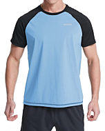 VAYAGER Men's Swim Shirts Rash Guard UPF 50+ Short Sleeve Quick Drying Crew Water Shirt(Sky Blue-Black-M)