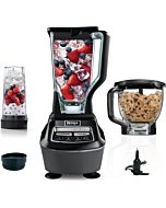 Powerful Ninja BL770AMZ Mega Kitchen System with 72oz pitcher, food processor bowl, and single-serve cup attachments.