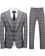 Mens Suits 3 Piece Check Plaid Suit Single Breasted One Button Jackets Formal Dress Party Prom Tuxedo Suits Blazer Light Grey