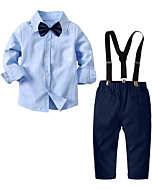 Baby Boys 2 Piece Gentleman Outfits Long Sleeve White Shirts and Suspender Pants with Bow Tie, Blue, Size 5-6 Years = Tag 130