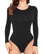 LAOLASI Women's Crew Neck Long Sleeve Slim Fit Body Suit Basic Round Neck Bodysuit Daily Shirts Tops, Black, X-Small