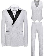 Mens Suit 3 Piece Floral Tux Double Breasted Blazer Vest Pants Set US Size 42 White