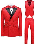 Mens Suit 3 Piece Floral Tux Double Breasted Blazer Vest Pants Set US Size 34 Red