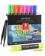 Arteza Liquid Chalk Markers, 8 Neon Colors, Washable Chalkboard Pens, 8 Replaceable Nibs, 1 Tweezer, 50 Labels, 2 Sticky Stencils, Art Supplies for Decorating Car Windows, Erasable Signs, and Menus