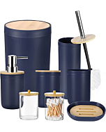 iMucci 8Pcs Navy Blue Bathroom Accessories Set - with Trash Can Toothbrush Holder Soap Dispenser Soap and Lotion Set Tumbler Cup…