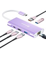 USB C Hub,UtechSmart 6 In 1 USB C to HDMI Adapter with 1000M Ethernet, Power Delivery Pd Type C Charging Port, 3 USB 3.0 Ports Adapter Compatible for MacBook Pro, Chromebook,and USB C devices (Purple)