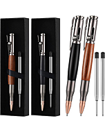 2 Pieces Bolt Action Pen Wood Ballpoint Solid Brass Pens Bullet Shaped Metal Pen and 2 Pieces Pens Refills with 2 Present Boxes for Father's Day, Valentine, Birthday, Black Ink (Black, Brown)