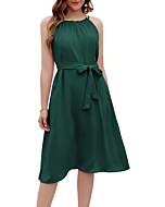 Women Cocktail Party Dresses Midi Swing Dress Sleeveless Halter Neck Wedding Guest Dresses Dark Green XL