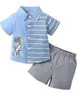 KIMI BEAR Toddler Boy Clothes Baby Boy Outfits Summer Dinosaur Suits Button Down Shirt Short Sets 2 Pieces Boys Clothing 18-24 Months Light Blue