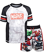 Marvel Avengers Little Boys Swim Rash Guard Trunks Pullover Raglan Grey 7