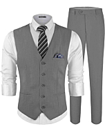 MAGE MALE Men's Linen 2 Piece Suit Slim Fit Wedding Groomsmen Summer Vest Pants Set with Pocket Square Grey