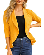 KOJOOIN Womens Casual Blazer 3/4 Sleeve Open Front Ruffle Work Office Cardigan Suit Jacket Mustard L