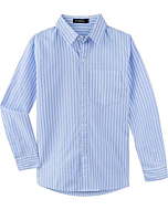 Spring&Gege Boys Button Down Dress Shirt Long Sleeve Casual Vertical Striped Shirt, Blue and White, Size 13-14 Years