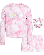 Lemon Kiss Girls’ Shorts Set – 2 Piece Fleece Pullover Sweatshirt and Sweat Shorts w/ Scrunchie (7-12), Size 12, Purple Tie-dye Love