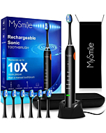 MySmile Electric Toothbrush for Adults, Rechargeable Sonic Electronic Toothbrush with 6 Brush Heads and Travel Case, 2 Mins 5 Modes Smart Timer, 48000VPM 10X Powerful Than Manual Toothbrush (Black)