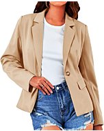 Women's Long Sleeve Blazer Open Front Cardigan Jacket Work Office Lapel Collar Blazers with Pocket Kakhi