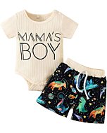 Newborn Infant Baby Boy Clothes Mamas Boy Ribbed Knitted Cotton Romper Dinosour Short Summer Outfits Set (Beige-short, 0-3 Months)