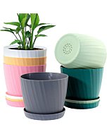 7'' Plant Pots Bulk, 6 Pack Plastic Planters with Drainage Holes and Saucers for Indoor Outdoor House Plants and Flowers, Colorful