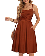 CHARMYI Spaghetti Strap Dresses for Women Casual Summer Dress for Women Ruched Midi Dress for Women with Pockets Sundresses Swing A Line Pleated Sexy Sleeveless Sundress Floral Brown XL