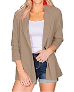 Wihion Women Casual Blazers Open Front Tucked 3/4 Sleeve Lapel Solid Work Office Jackets with Pockets Khaki