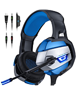 Gaming Headset Gaming Headphone with 360° Adjustable Noise Canceling Microphone, Led Light and Over Ear Memory Earmuff for PS4, PS5, PC (Black Blue)