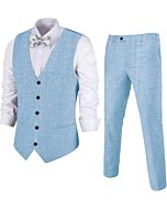 Men's Linen 2 Piece Suit Slim Fit Wedding Groomsmen Tuxedos Summer Beach Prom Blue Vest Pants Set 3XL