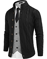 COOFANDY Men's Cardigan Sweater Slim Fit Stand Collar Cardigan Casual Cable Knitted Button Down Sweater with Pockets Black