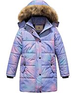 CREATMO US Girl's Long Heavyweight Winter Coat Hooded Down Jacket Fleece Lined Quilted Toddler Puffer Jacket Pink(Ombre) 6/7