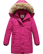 CREATMO US Girl's Winter Bubble Jacket Fleece Lined Water Repellent Long Puffer Coat With Fur Hood Rose Red 6/7