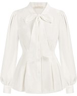 Belle Poque Women's Long Sleeves Bow Tie Neck Ruffle Hem Blouses Waist Wrap Peplum Dressy Shirt Vintage Tops for Women 1950s, White